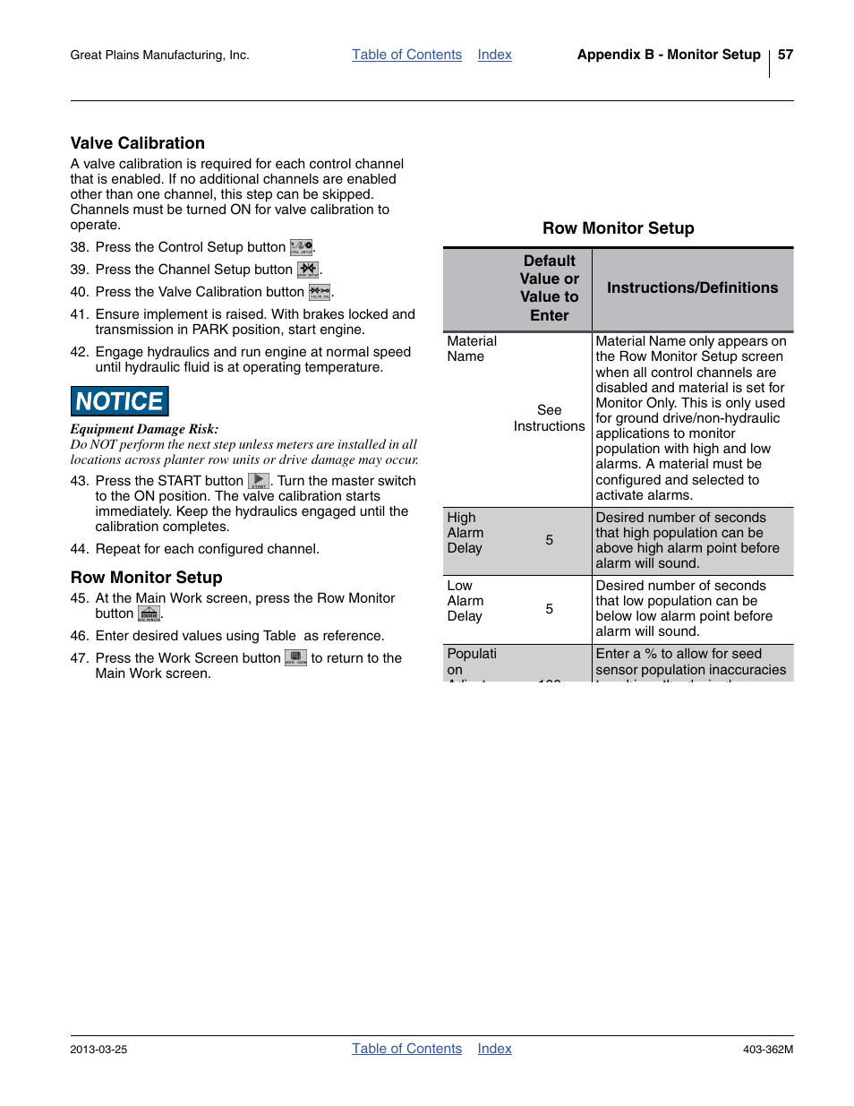 Valve calibration, Row monitor setup, Valve calibration row monitor setup | Great Plains YP40F Operator Manual User Manual | Page 61 / 76