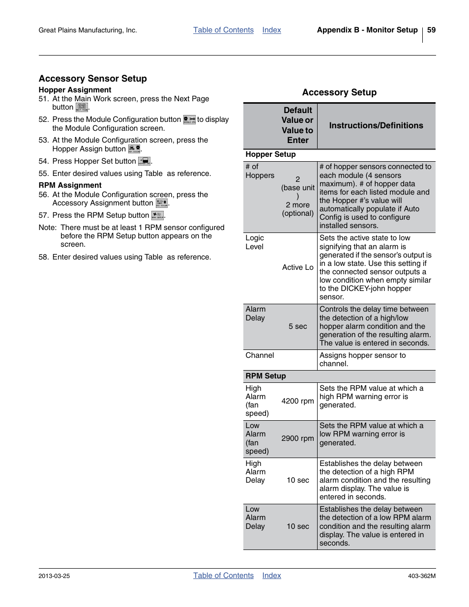 Accessory sensor setup, Hopper assignment, Rpm assignment | Hopper assignment rpm assignment | Great Plains YP40F Operator Manual User Manual | Page 63 / 76