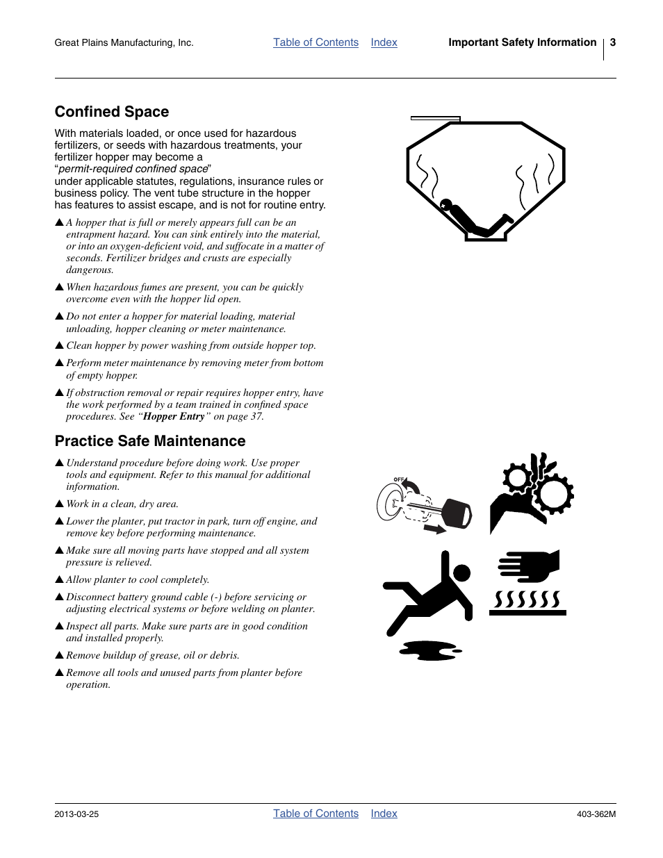 Confined space, Practice safe maintenance | Great Plains YP40F Operator Manual User Manual | Page 7 / 76