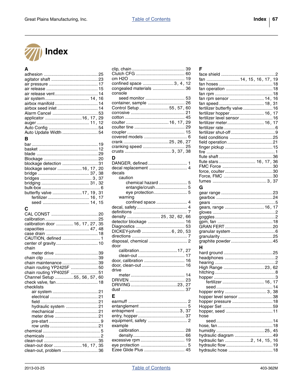 Index | Great Plains YP40F Operator Manual User Manual | Page 71 / 76