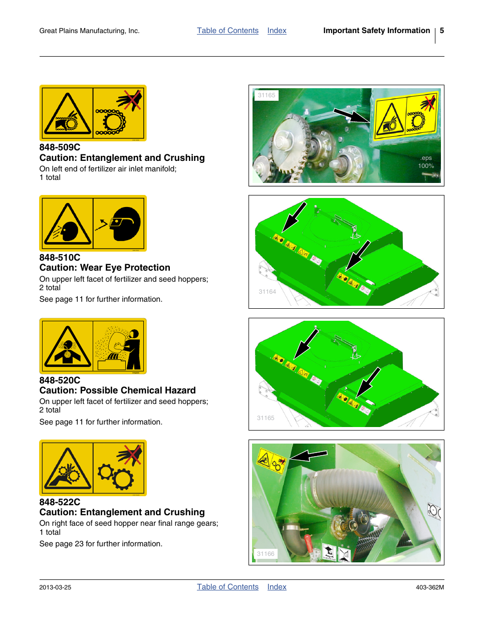 509c caution: entanglement and crushing, 510c caution: wear eye protection, 520c caution: possible chemical hazard | 522c caution: entanglement and crushing | Great Plains YP40F Operator Manual User Manual | Page 9 / 76