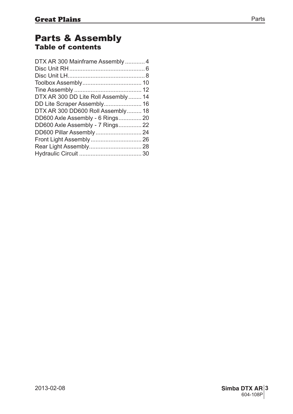 Parts & assembly | Great Plains Simba DTX AR Parts Manual User Manual | Page 3 / 32