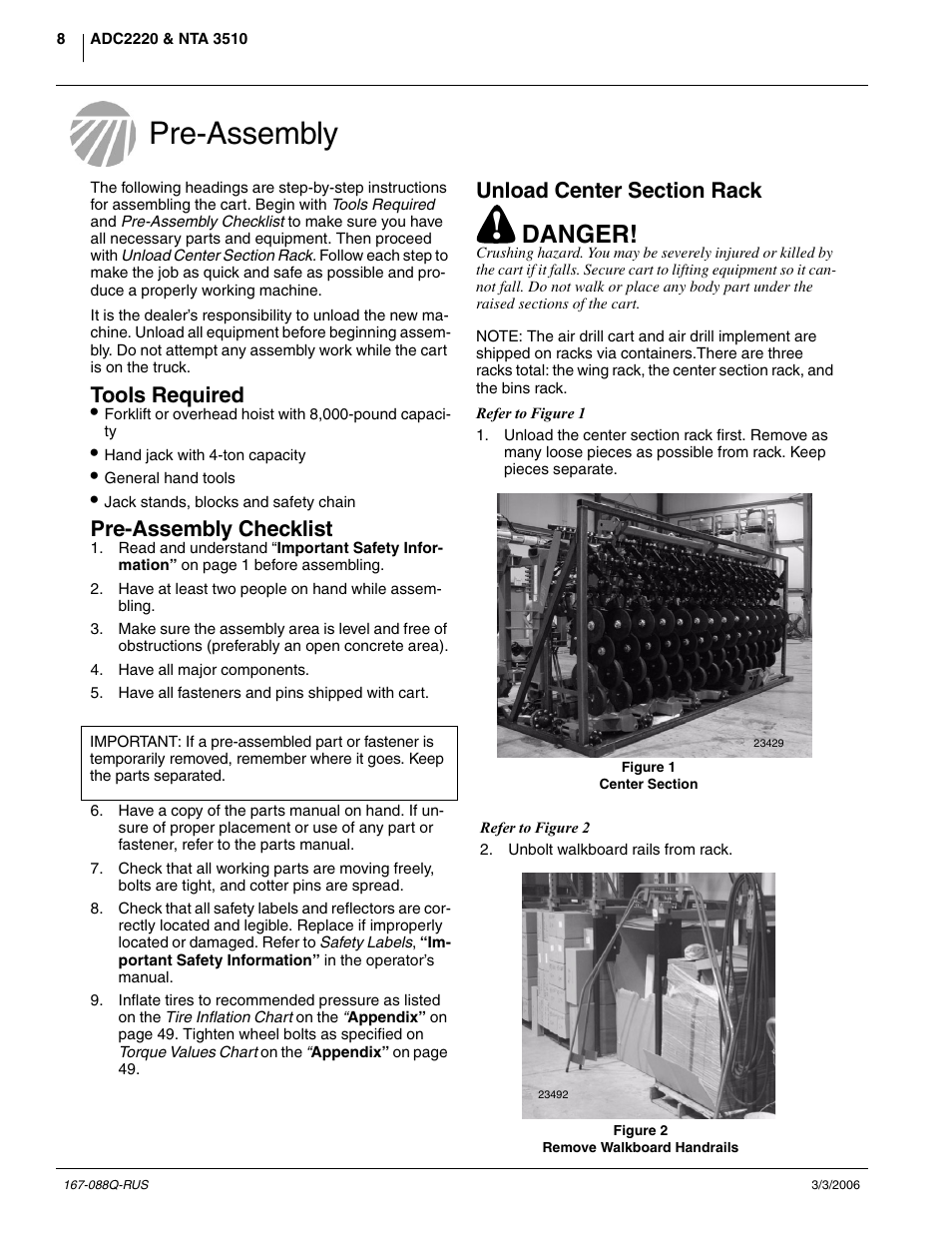 Pre-assembly, Danger, Tools required | Pre-assembly checklist | Great Plains ADC2220 Predelivery Manual User Manual | Page 10 / 52