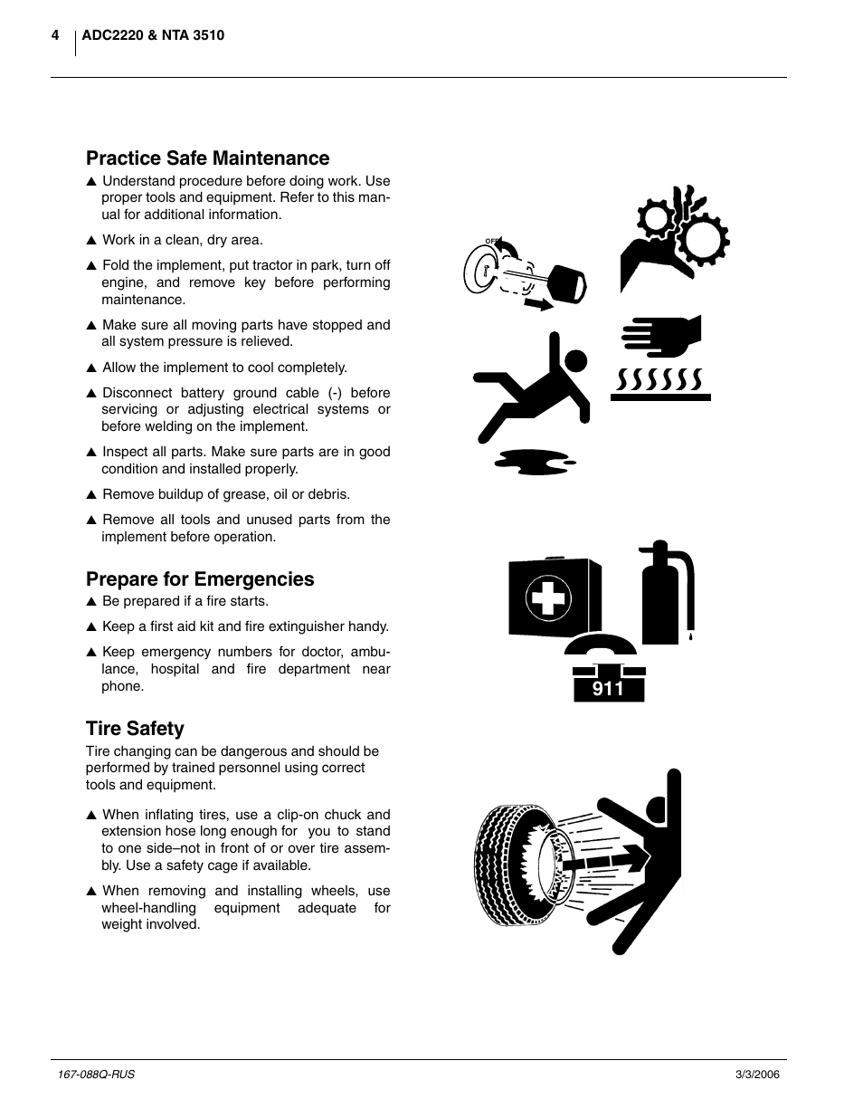Practice safe maintenance, Prepare for emergencies, Tire safety | Great Plains ADC2220 Predelivery Manual User Manual | Page 6 / 52