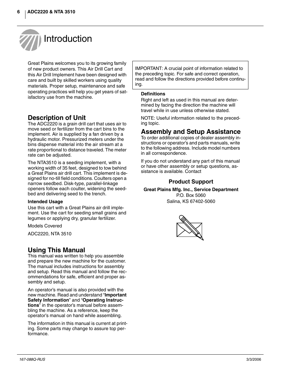 Introduction, Assembly and setup assistance, Description of unit | Using this manual | Great Plains ADC2220 Predelivery Manual User Manual | Page 8 / 52