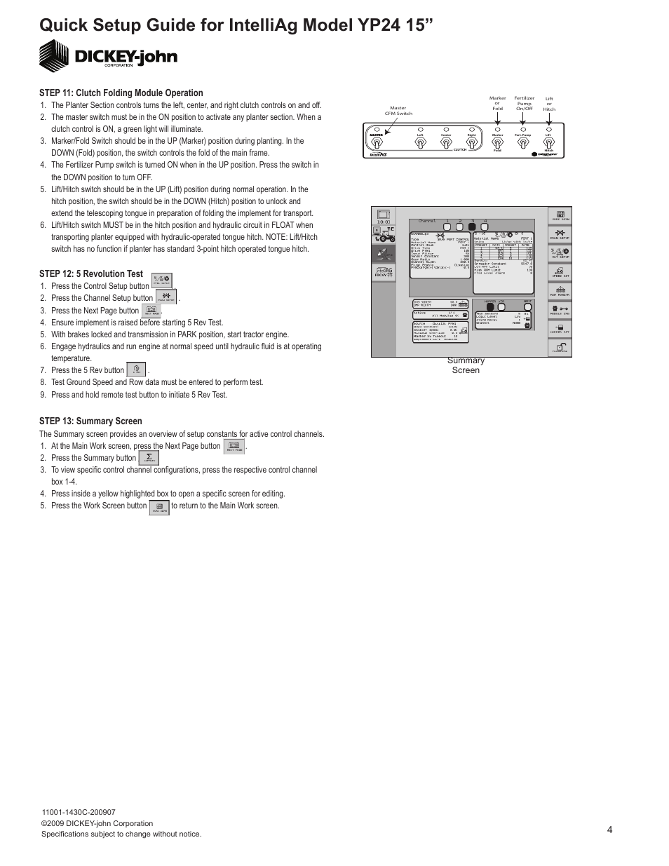 Quick setup guide for intelliag model yp24 15, Step 12: 5 revolution test, Step 11: clutch folding module operation | 4step 13: summary screen | Great Plains YP2425-4715 47 Row 15 Inch Quick Start User Manual | Page 4 / 5