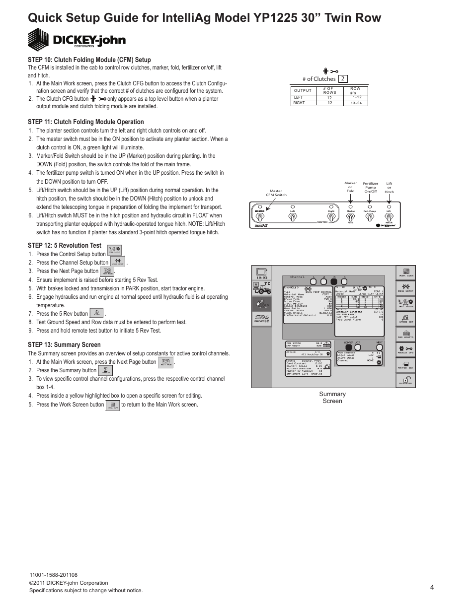 Step 12: 5 revolution test, 4step 13: summary screen, Step 11: clutch folding module operation | Step 10: clutch folding module (cfm) setup | Great Plains YP1225-24TR 24 Twin Row 30 Inch Quick Start User Manual | Page 4 / 5