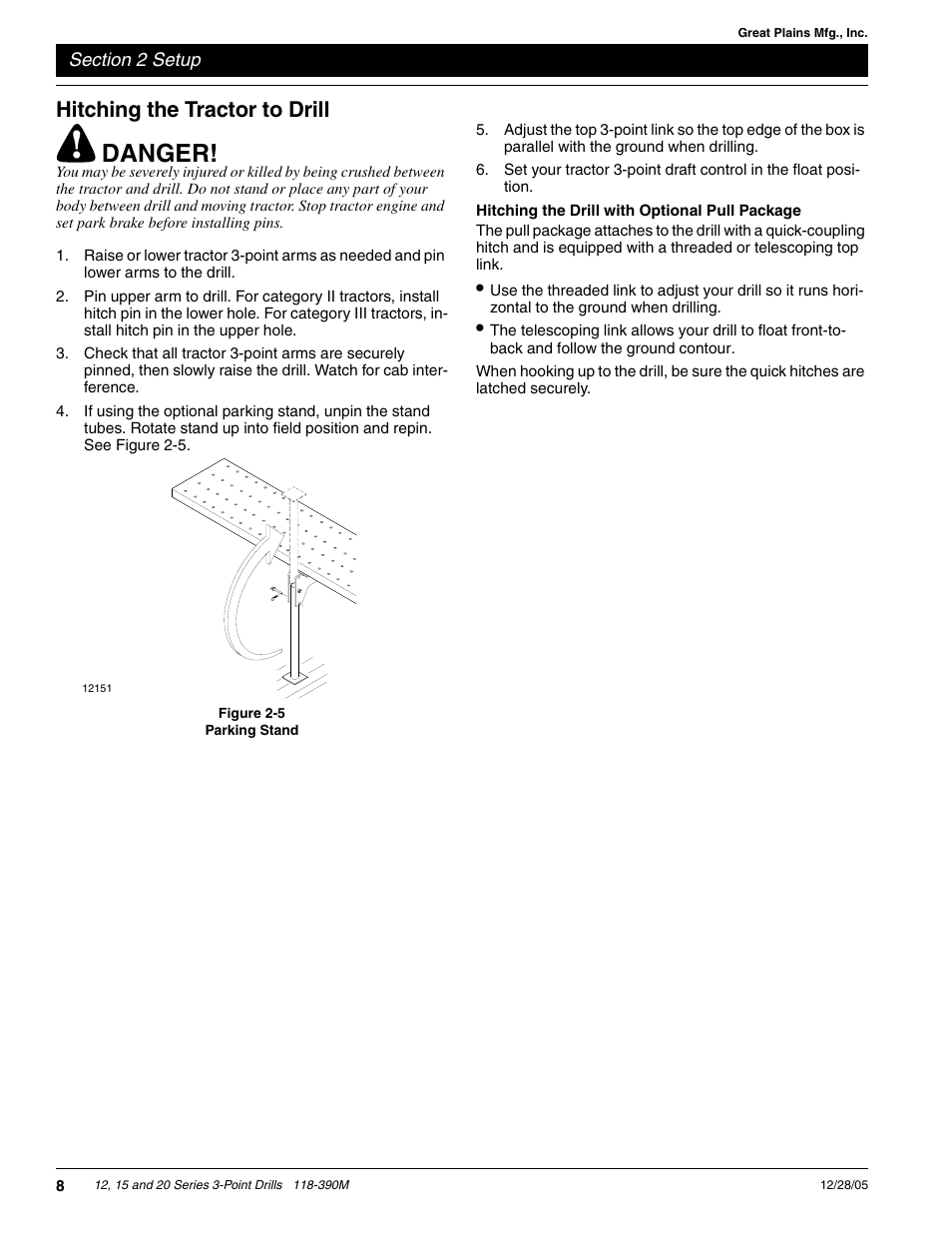 Danger, Hitching the tractor to drill | Great Plains 2000 Predelivery Manual User Manual | Page 10 / 12