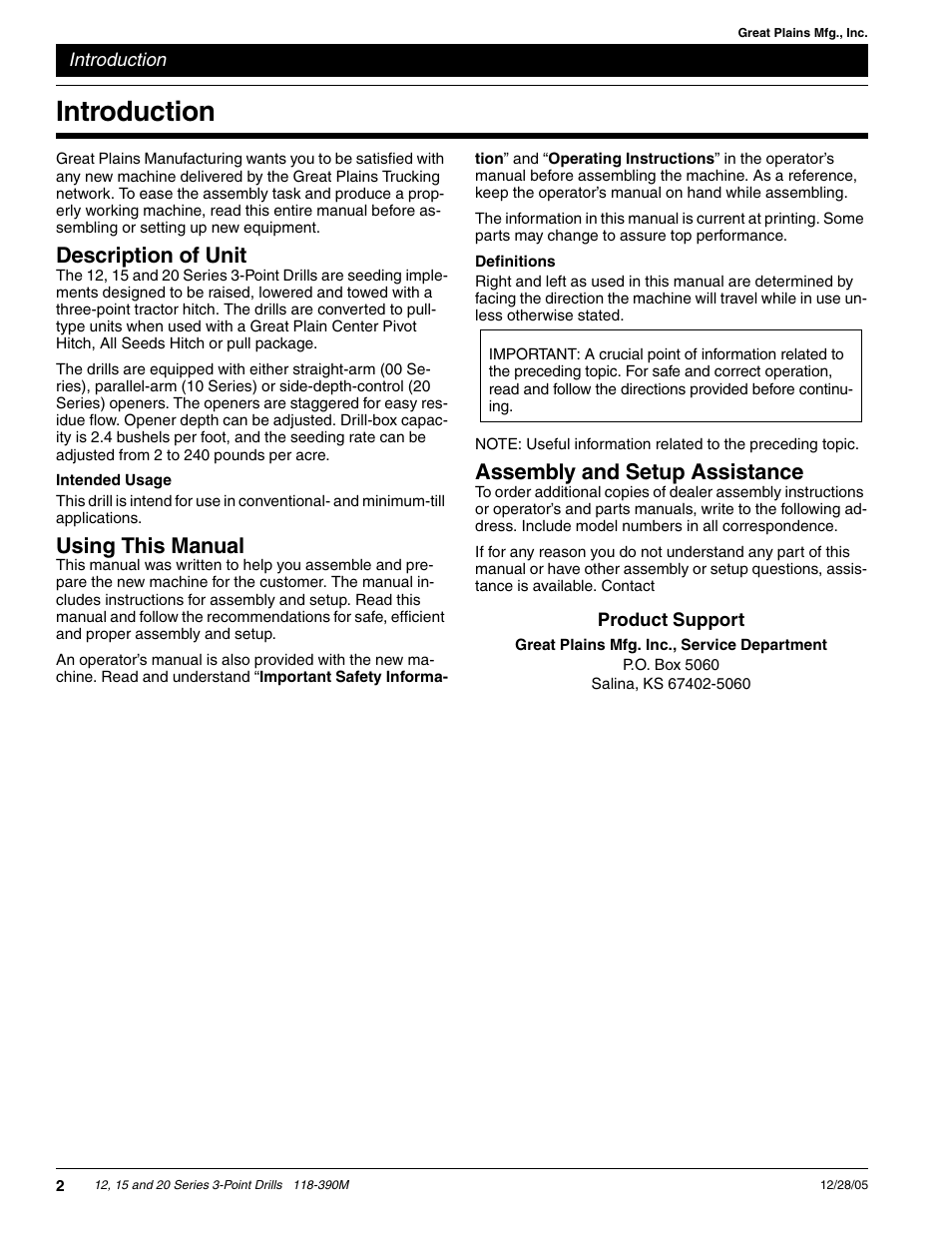 Introduction, Assembly and setup assistance, Description of unit | Using this manual | Great Plains 2000 Predelivery Manual User Manual | Page 4 / 12