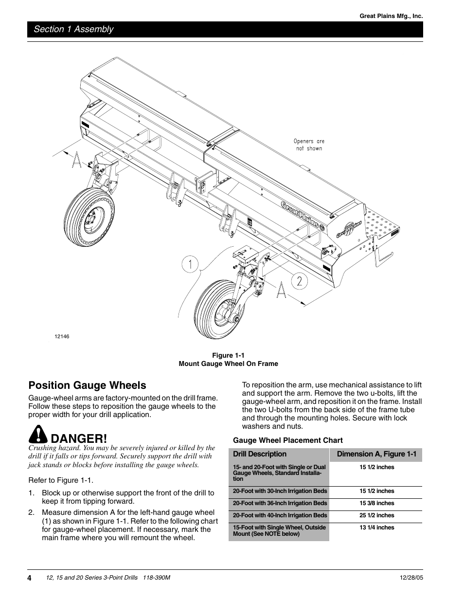 Danger, Position gauge wheels | Great Plains 2000 Predelivery Manual User Manual | Page 6 / 12