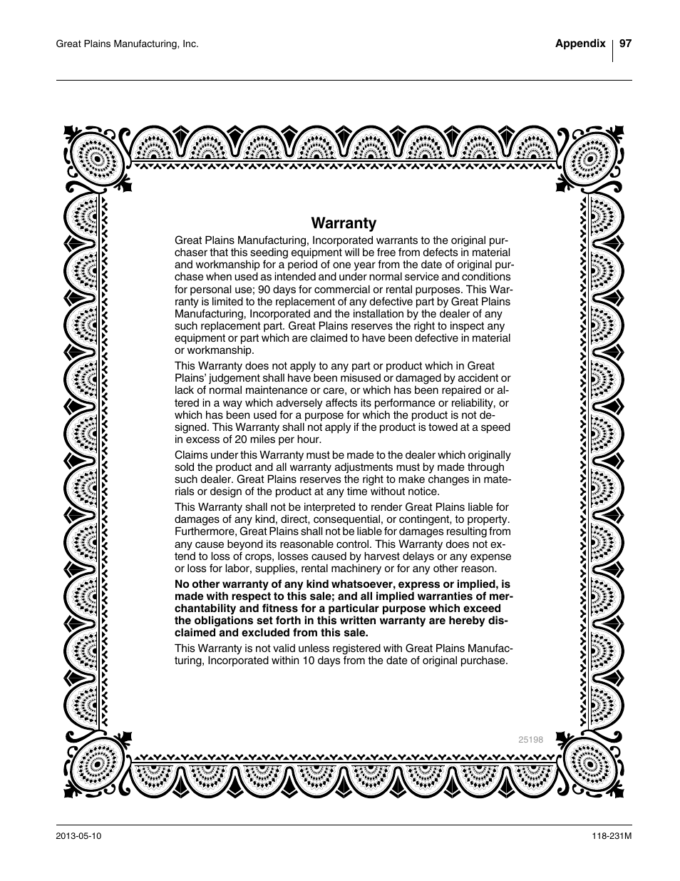 Warranty | Great Plains 2525P Operator Manual User Manual | Page 101 / 106