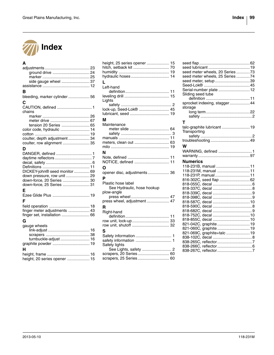 Index | Great Plains 2525P Operator Manual User Manual | Page 103 / 106