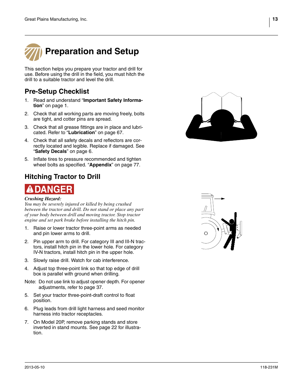 Preparation and setup, Pre-setup checklist, Hitching tractor to drill | Great Plains 2525P Operator Manual User Manual | Page 17 / 106