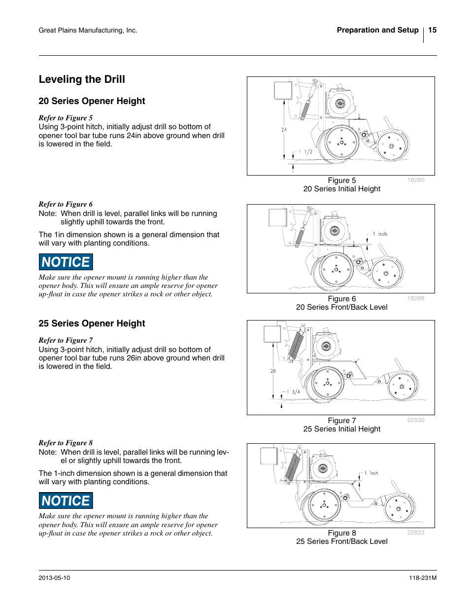 Leveling the drill, 20 series opener height, 25 series opener height | 20 series opener height 25 series opener height | Great Plains 2525P Operator Manual User Manual | Page 19 / 106
