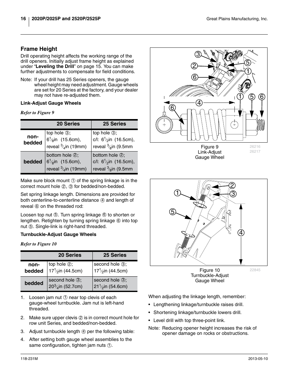Frame height, Link-adjust gauge wheels, Turnbuckle-adjust gauge wheels | Great Plains 2525P Operator Manual User Manual | Page 20 / 106