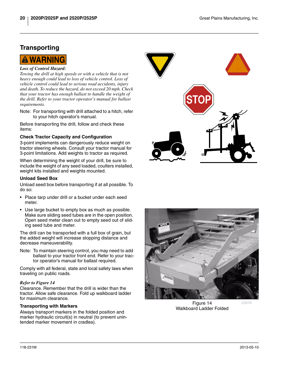 Transporting, Check tractor capacity and configuration, Unload seed box | Transporting with markers | Great Plains 2525P Operator Manual User Manual | Page 24 / 106