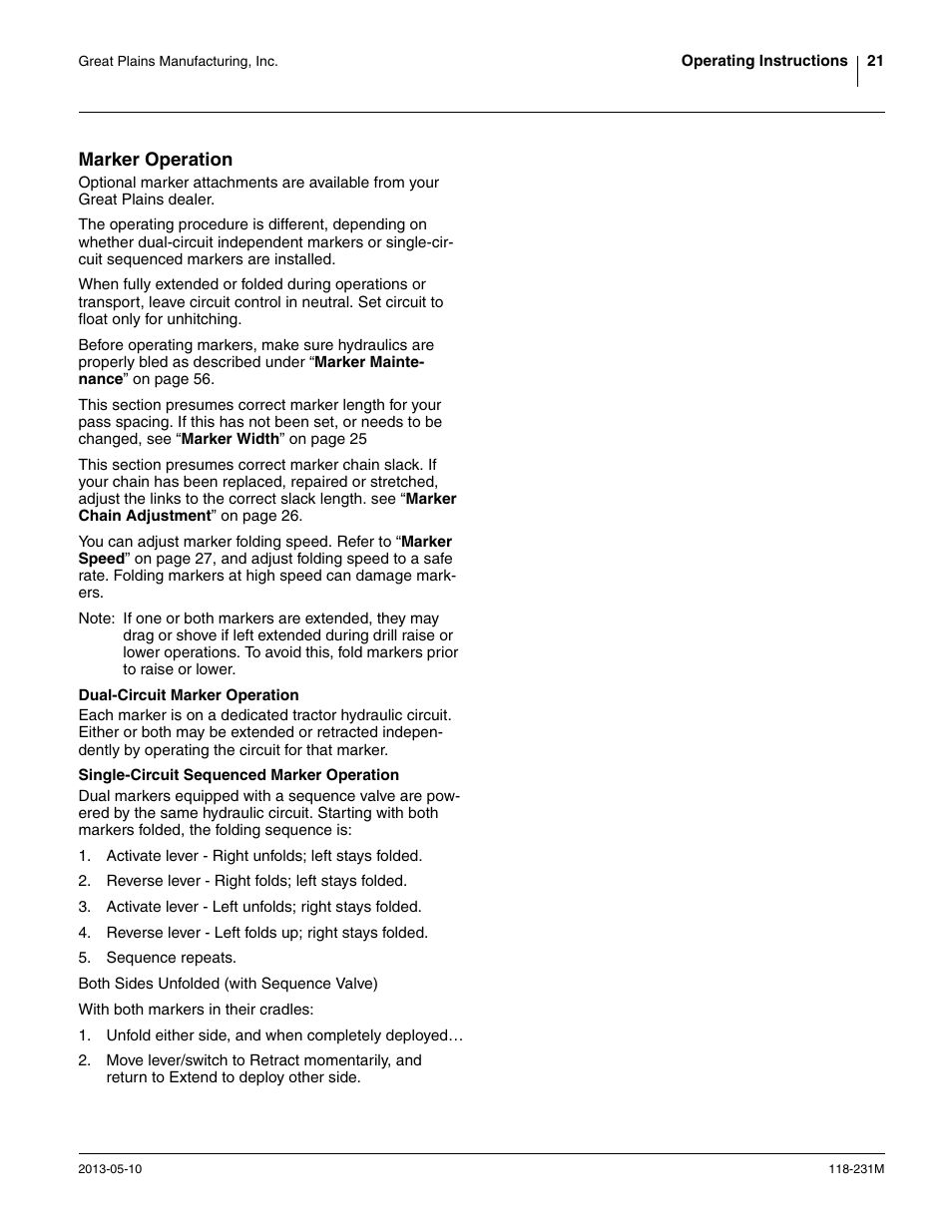 Marker operation, Dual-circuit marker operation, Single-circuit sequenced marker operation | Great Plains 2525P Operator Manual User Manual | Page 25 / 106