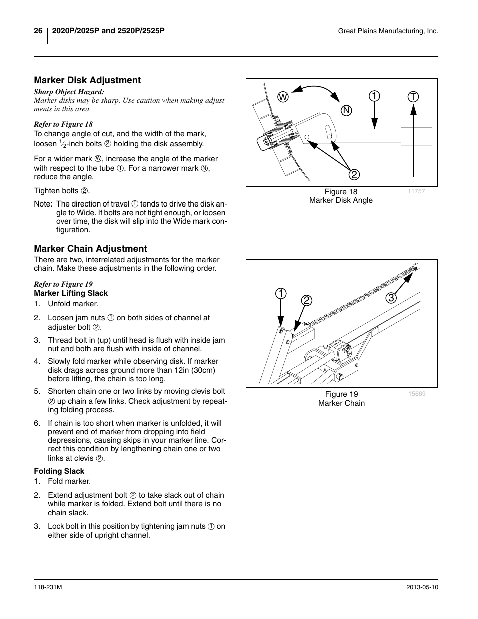 Marker disk adjustment, Marker chain adjustment, Marker lifting slack | Folding slack, Marker disk adjustment marker chain adjustment, Marker lifting slack folding slack | Great Plains 2525P Operator Manual User Manual | Page 30 / 106