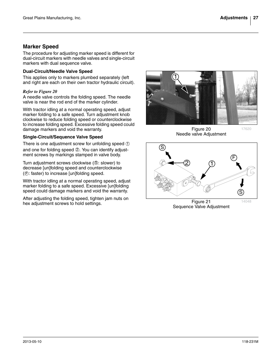 Marker speed, Dual-circuit/needle valve speed, Single-circuit/sequence valve speed | Great Plains 2525P Operator Manual User Manual | Page 31 / 106