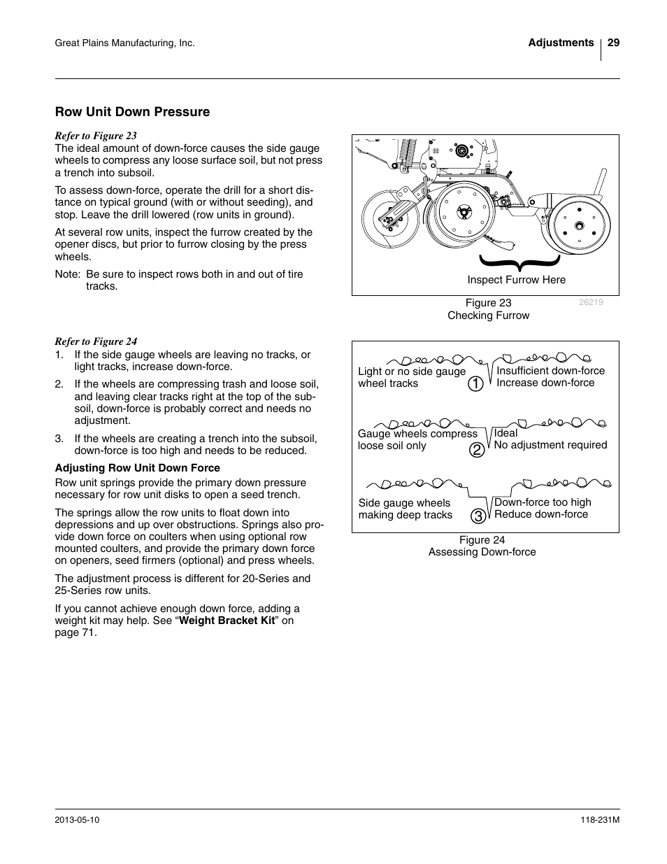Row unit down pressure, Adjusting row unit down force | Great Plains 2525P Operator Manual User Manual | Page 33 / 106