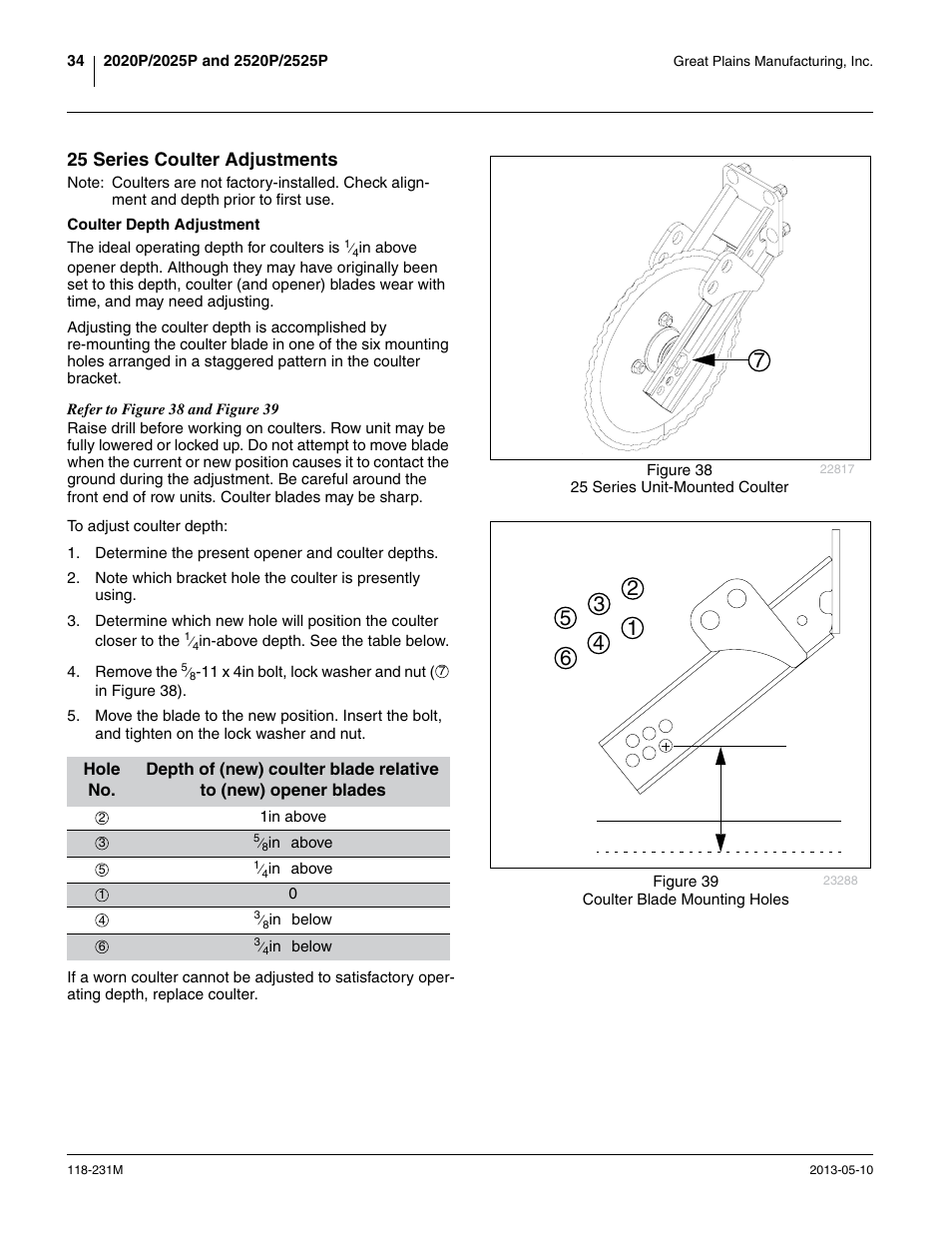 25 series coulter adjustments, Coulter depth adjustment | Great Plains 2525P Operator Manual User Manual | Page 38 / 106