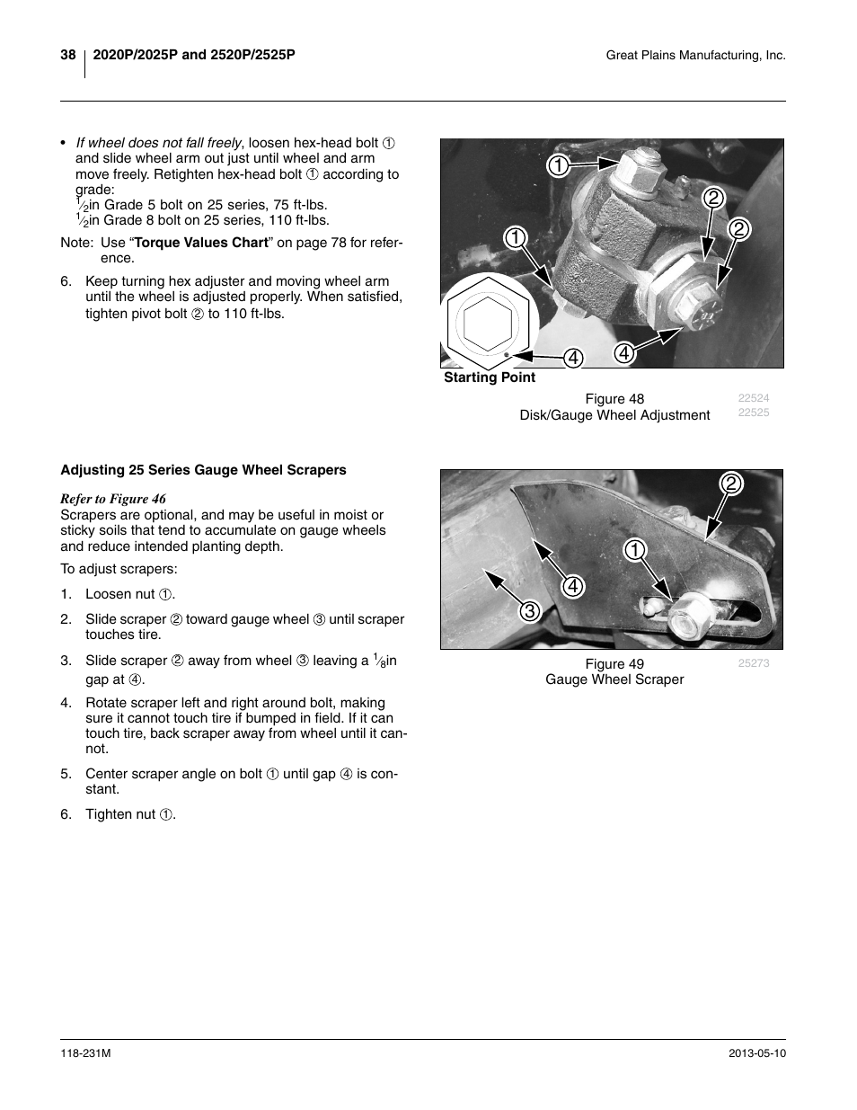 Adjusting 25 series gauge wheel scrapers | Great Plains 2525P Operator Manual User Manual | Page 42 / 106