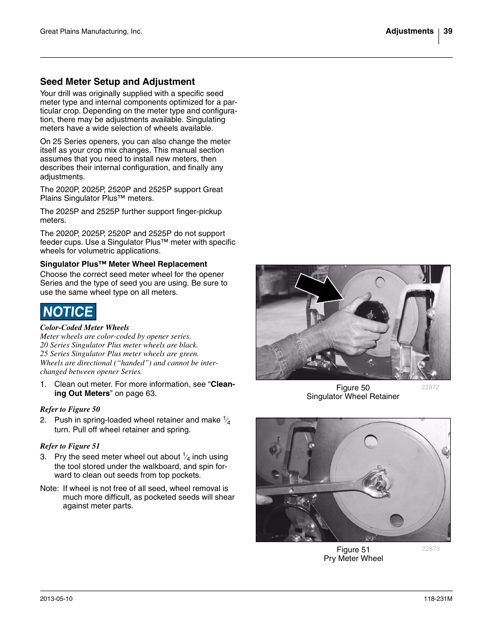 Seed meter setup and adjustment, Singulator plus™ meter wheel replacement | Great Plains 2525P Operator Manual User Manual | Page 43 / 106