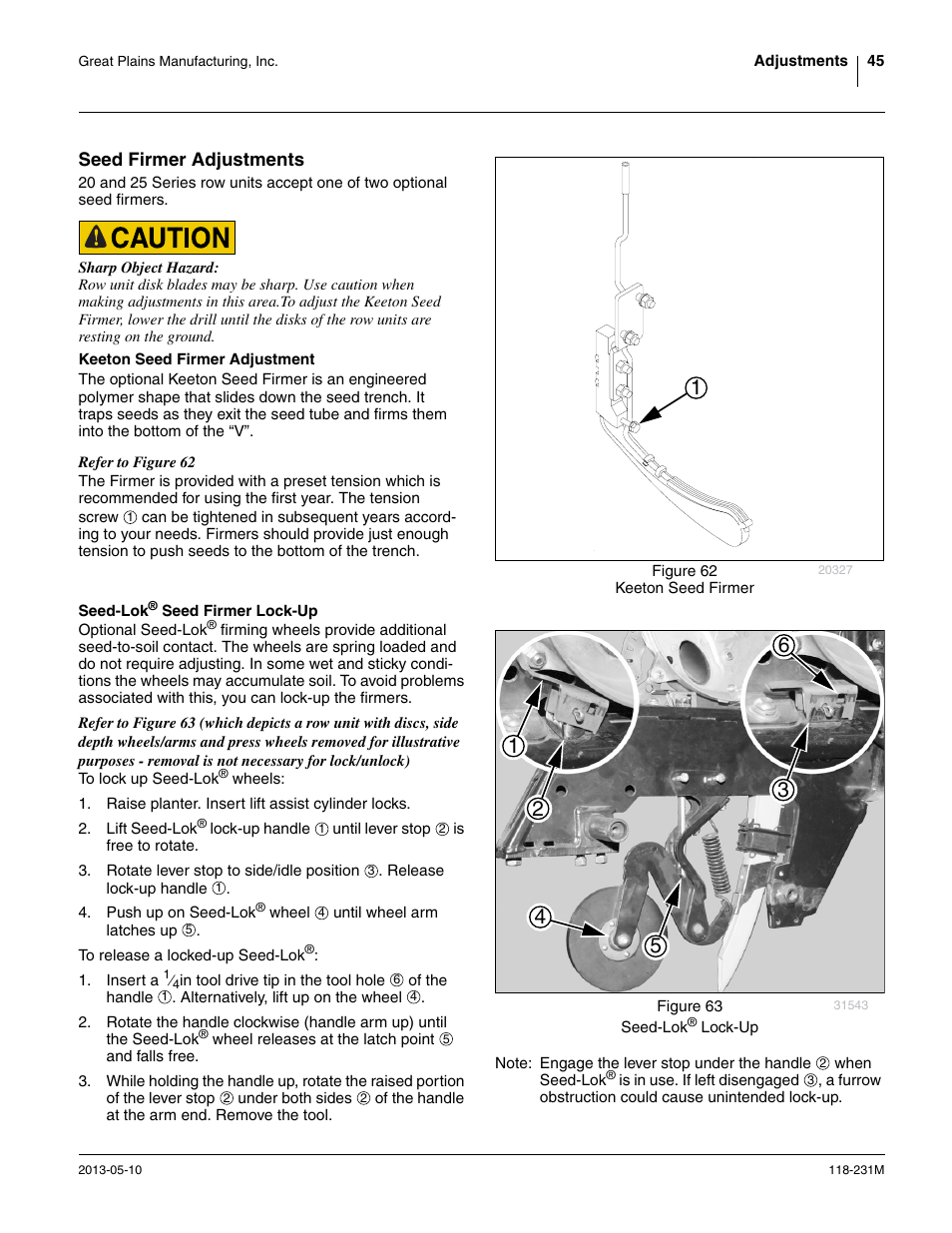 Seed firmer adjustments, Keeton seed firmer adjustment, Seed-lok® seed firmer lock-up | Keeton seed firmer adjustment seed-lok | Great Plains 2525P Operator Manual User Manual | Page 49 / 106