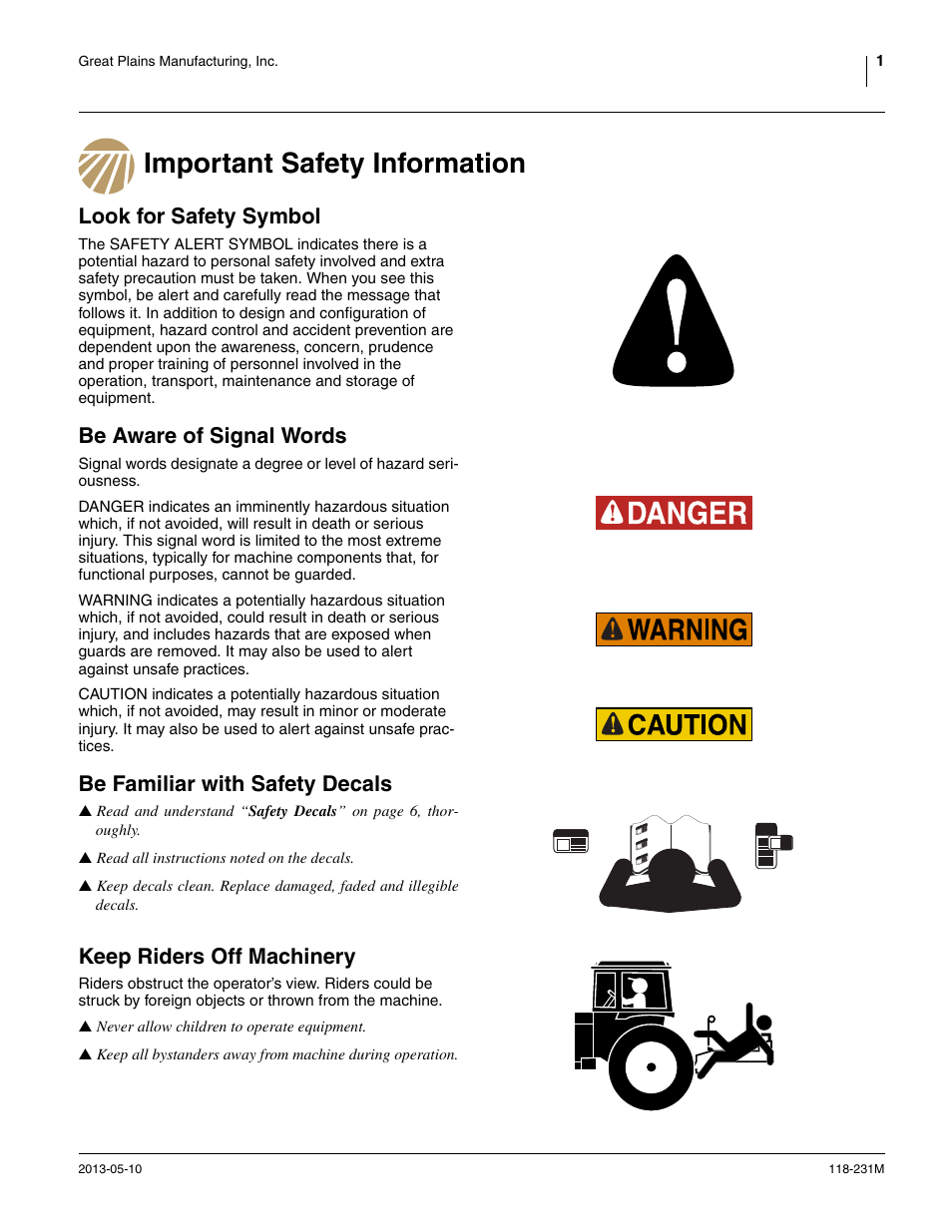 Important safety information, Look for safety symbol, Be aware of signal words | Be familiar with safety decals, Keep riders off machinery | Great Plains 2525P Operator Manual User Manual | Page 5 / 106