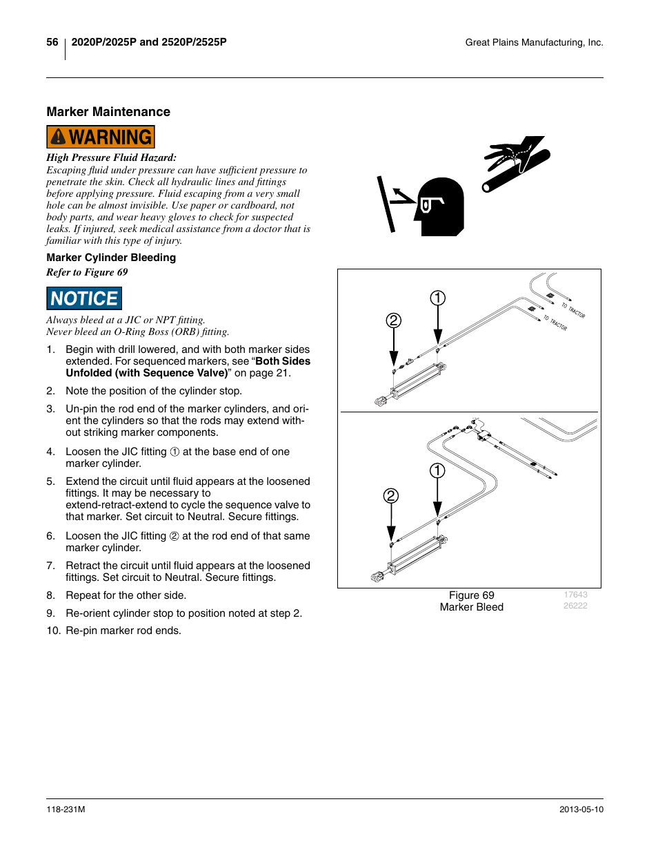 Marker maintenance, Marker cylinder bleeding | Great Plains 2525P Operator Manual User Manual | Page 60 / 106