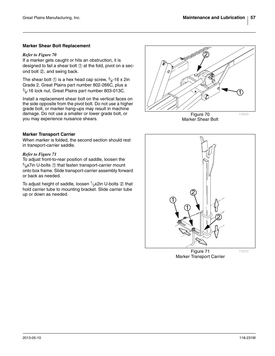 Marker shear bolt replacement, Marker transport carrier | Great Plains 2525P Operator Manual User Manual | Page 61 / 106