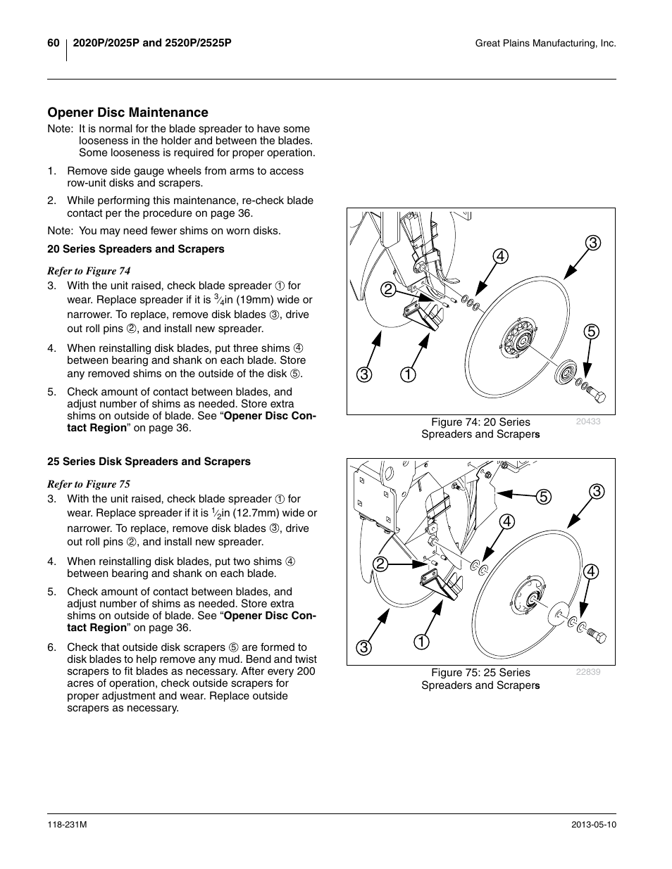 Opener disc maintenance, 20 series spreaders and scrapers, 25 series disk spreaders and scrapers | Great Plains 2525P Operator Manual User Manual | Page 64 / 106