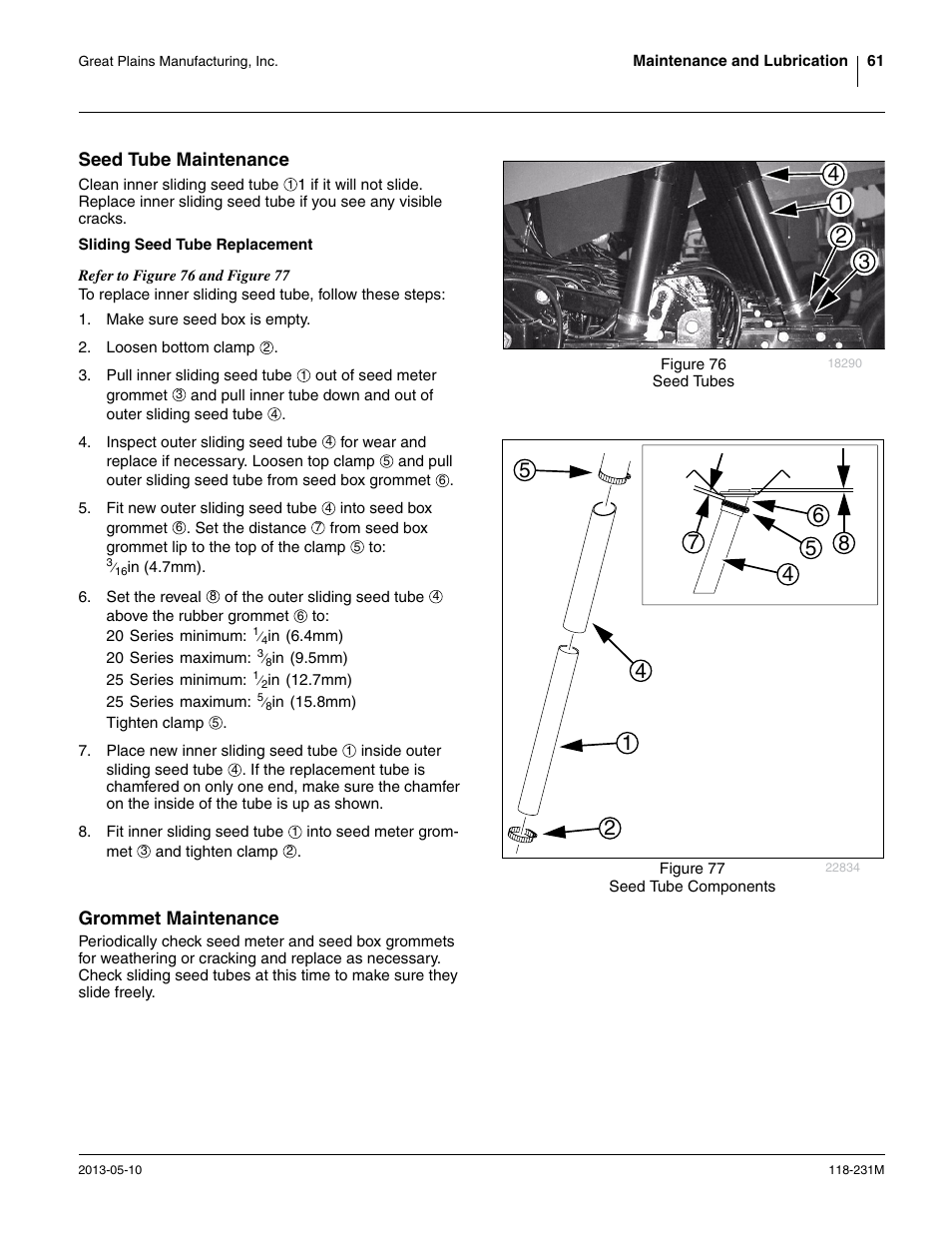 Seed tube maintenance, Sliding seed tube replacement, Grommet maintenance | Great Plains 2525P Operator Manual User Manual | Page 65 / 106