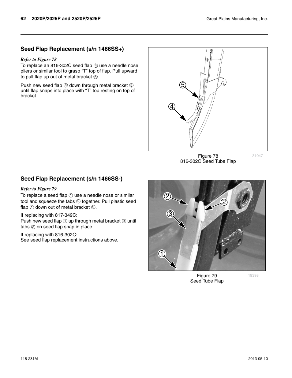 Seed flap replacement (s/n 1466ss+), Seed flap replacement (s/n 1466ss-) | Great Plains 2525P Operator Manual User Manual | Page 66 / 106