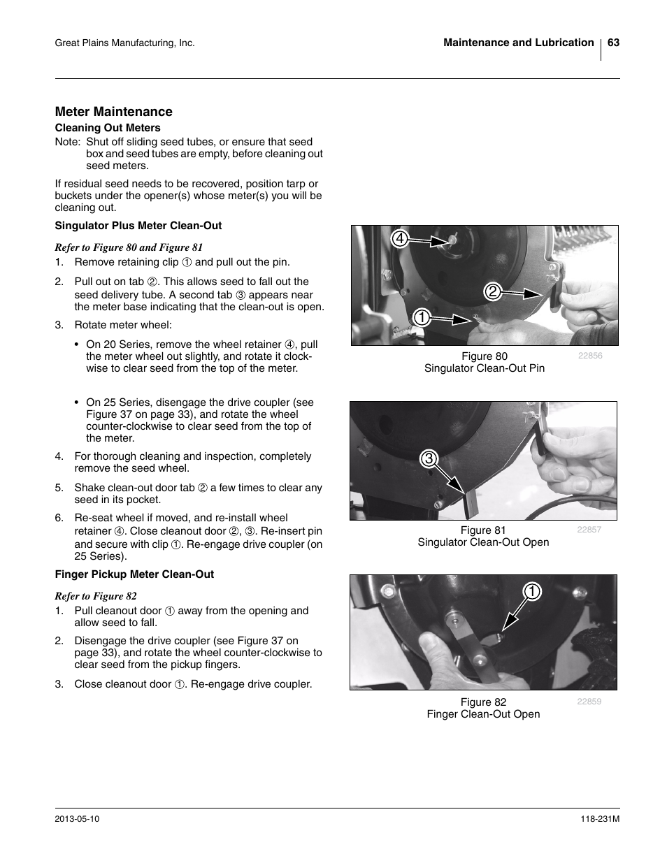 Meter maintenance, Cleaning out meters, Singulator plus meter clean-out | Finger pickup meter clean-out | Great Plains 2525P Operator Manual User Manual | Page 67 / 106