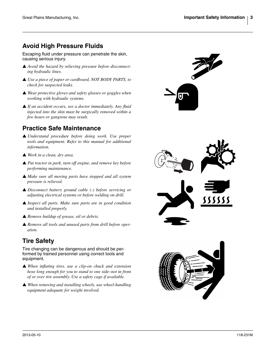 Avoid high pressure fluids, Practice safe maintenance, Tire safety | Great Plains 2525P Operator Manual User Manual | Page 7 / 106