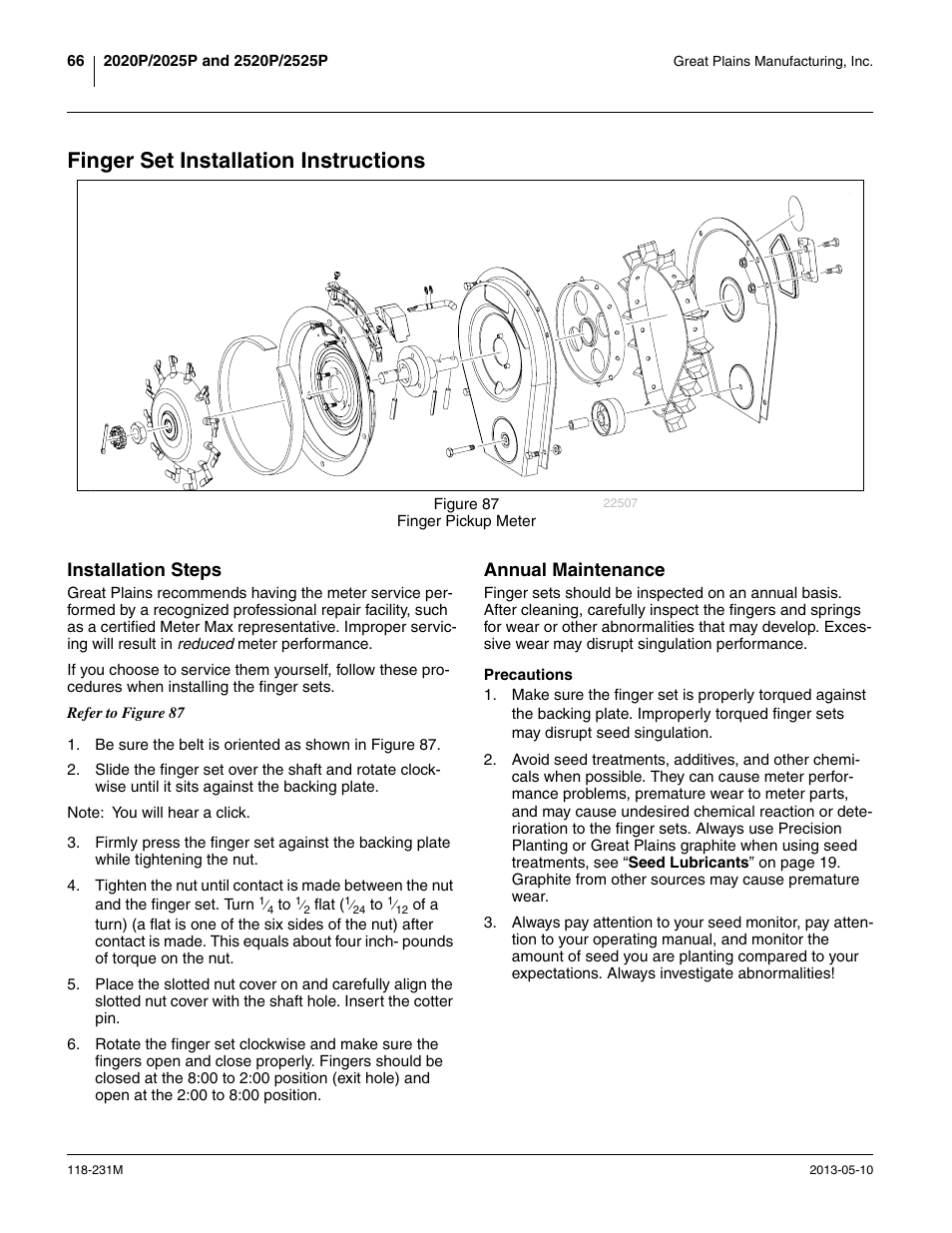 Finger set installation instructions, Installation steps, Annual maintenance | Precautions, Installation steps annual maintenance | Great Plains 2525P Operator Manual User Manual | Page 70 / 106