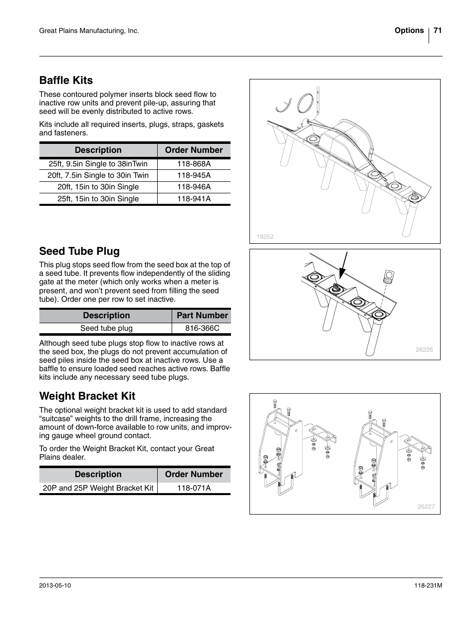 Baffle kits, Seed tube plug, Weight bracket kit | Great Plains 2525P Operator Manual User Manual | Page 75 / 106