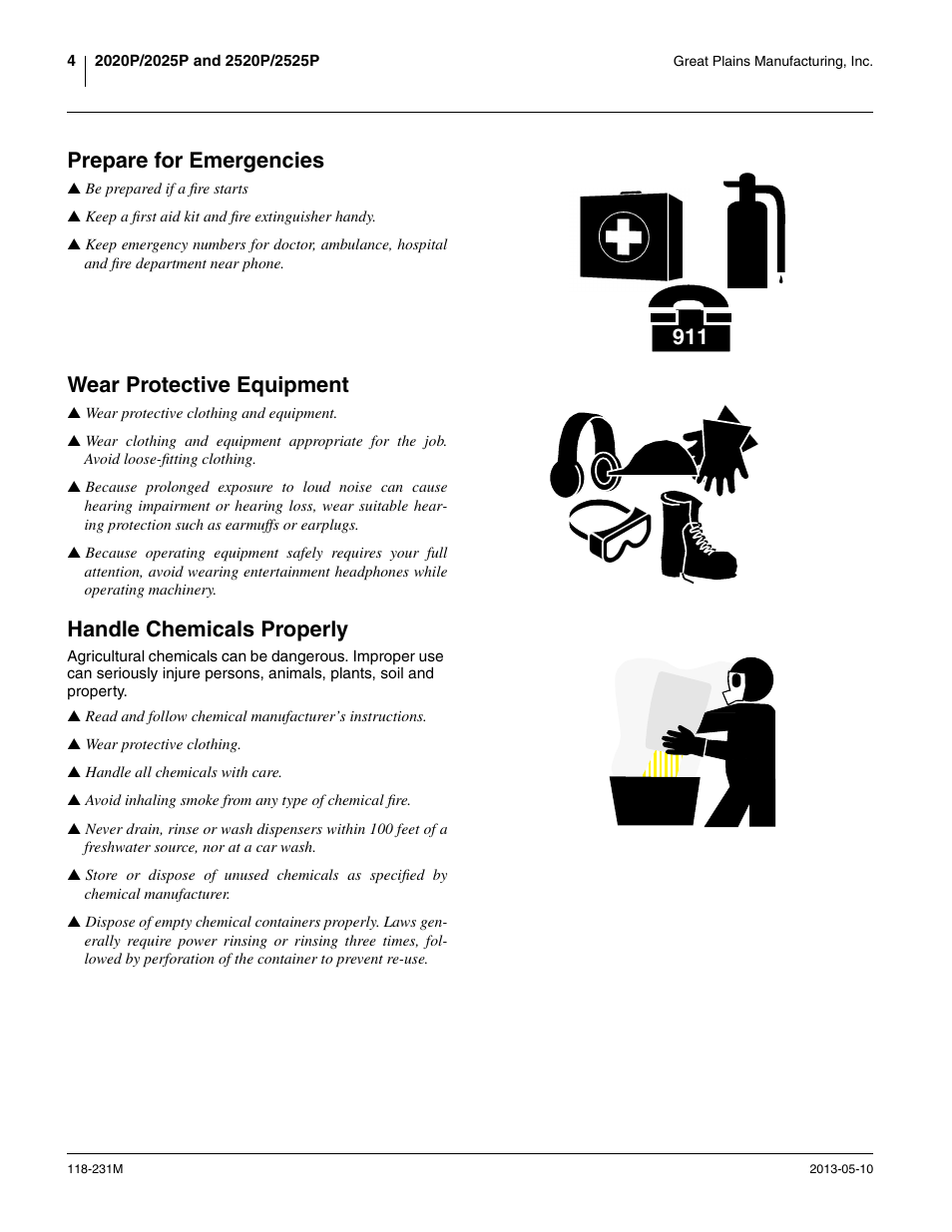 Prepare for emergencies, Wear protective equipment, Handle chemicals properly | Great Plains 2525P Operator Manual User Manual | Page 8 / 106