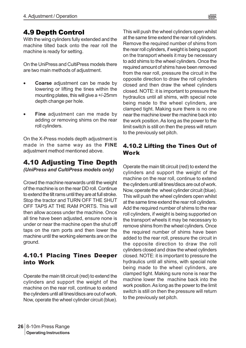 10 adjusting tine depth, 9 depth control | Great Plains 8-10m Press Range SN 180081540048 Operator Manual User Manual | Page 26 / 44