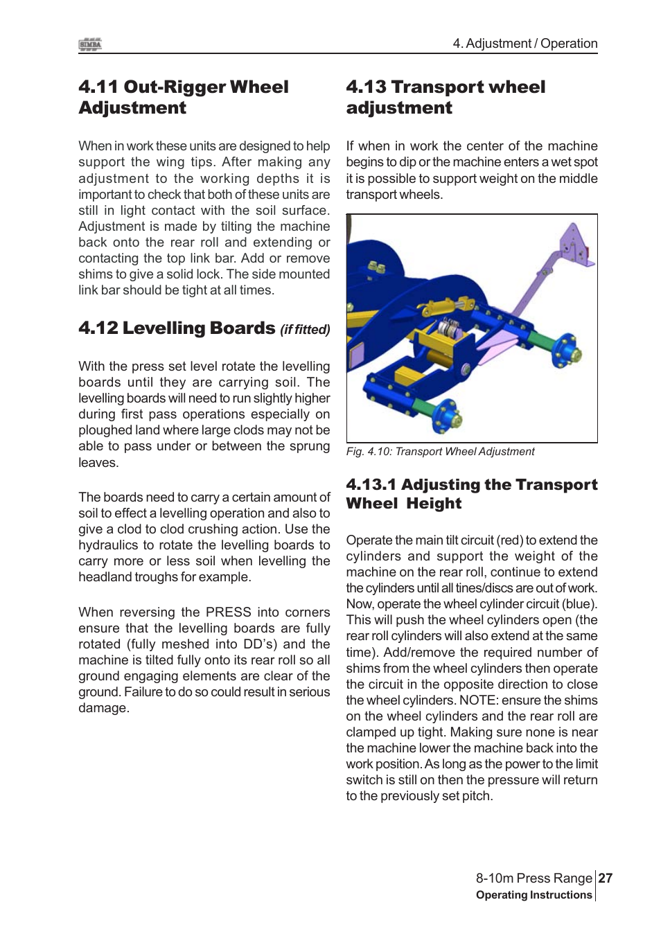 11 out-rigger wheel adjustment, 13 transport wheel adjustment, 12 levelling boards | Great Plains 8-10m Press Range SN 180081540048 Operator Manual User Manual | Page 27 / 44