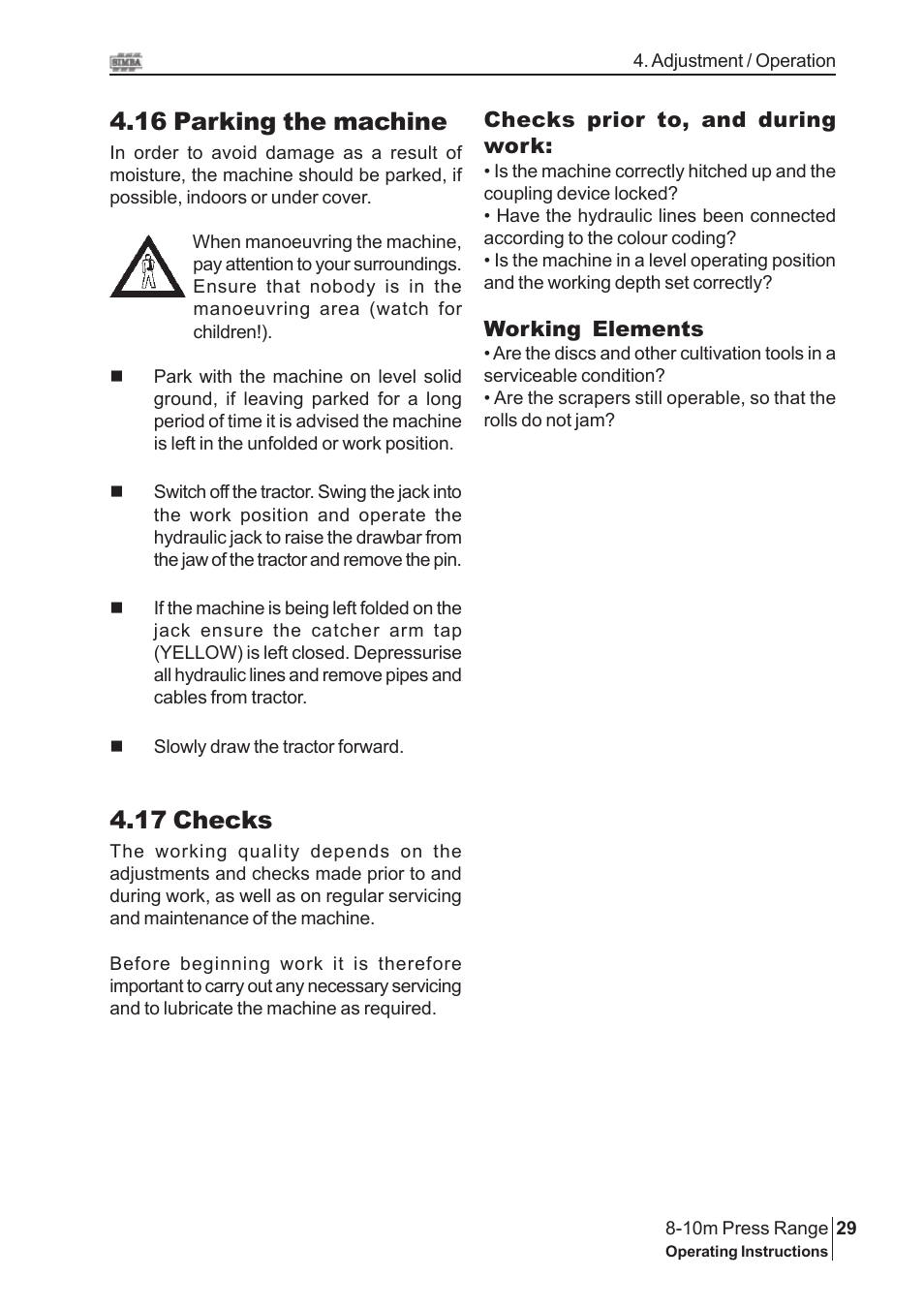 17 checks, 16 parking the machine | Great Plains 8-10m Press Range SN 180081540048 Operator Manual User Manual | Page 29 / 44