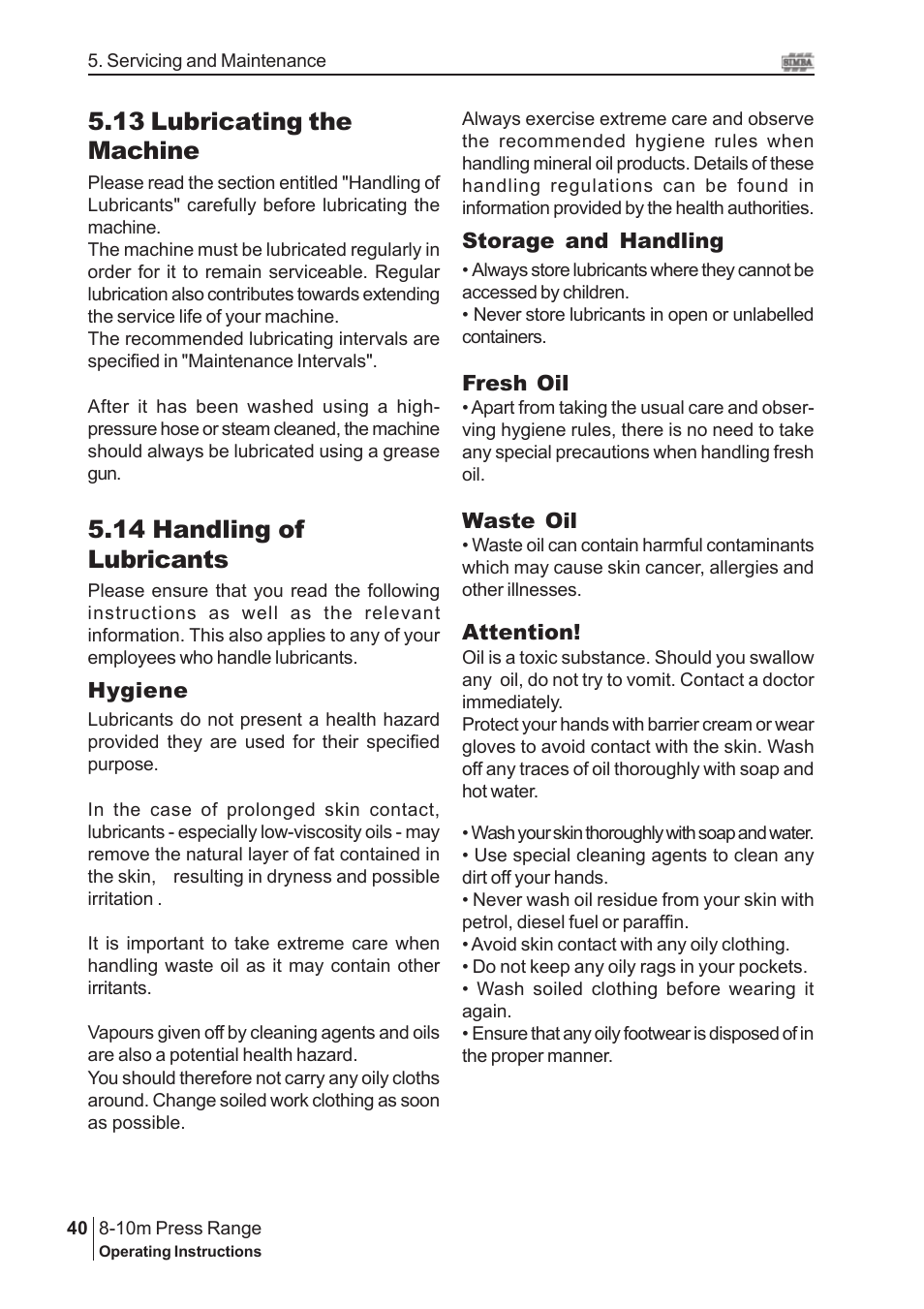 13 lubricating the machine, 14 handling of lubricants | Great Plains 8-10m Press Range SN 180081540048 Operator Manual User Manual | Page 40 / 44