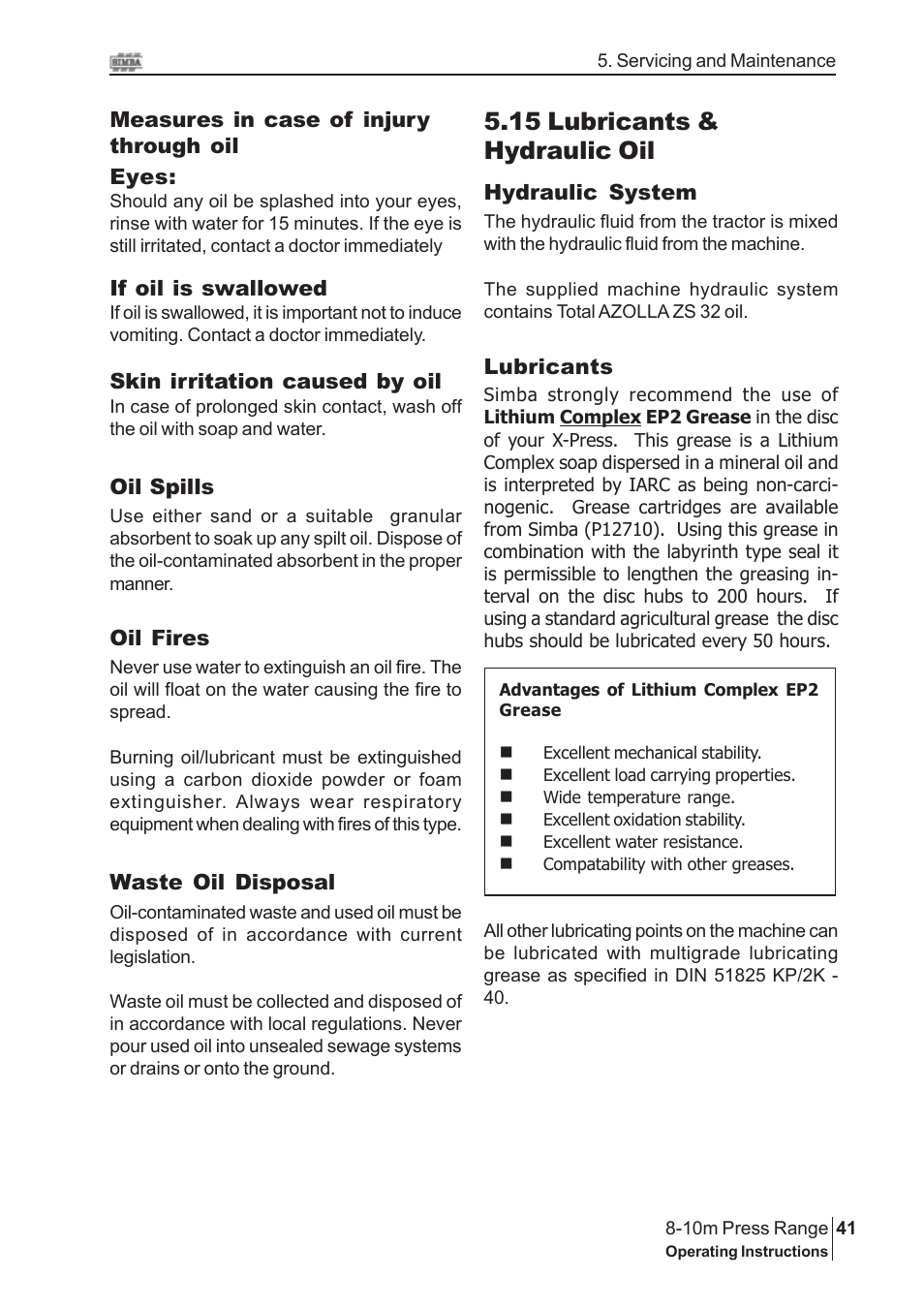 15 lubricants & hydraulic oil | Great Plains 8-10m Press Range SN 180081540048 Operator Manual User Manual | Page 41 / 44