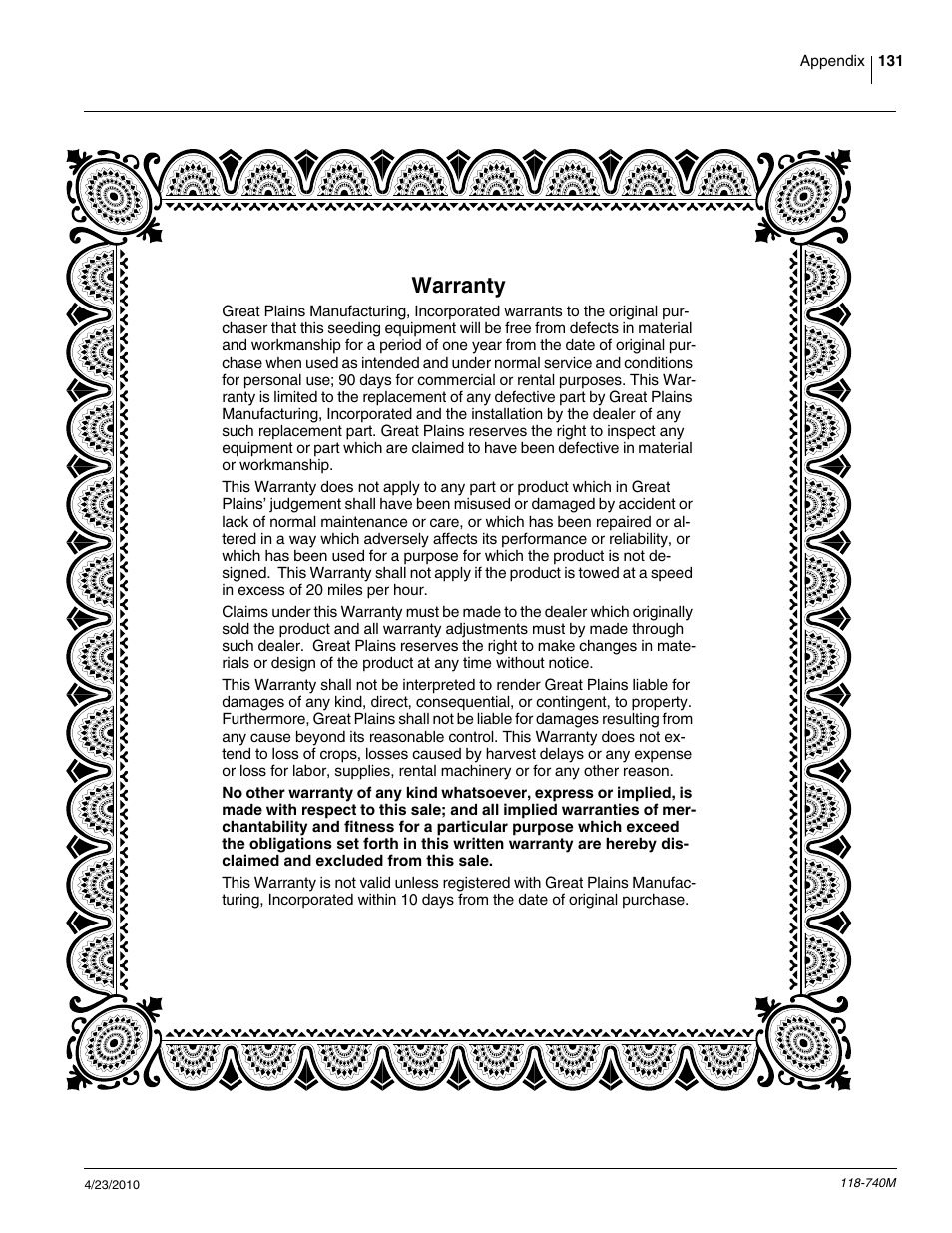 Warranty | Great Plains 2020P Operator Manual User Manual | Page 133 / 136