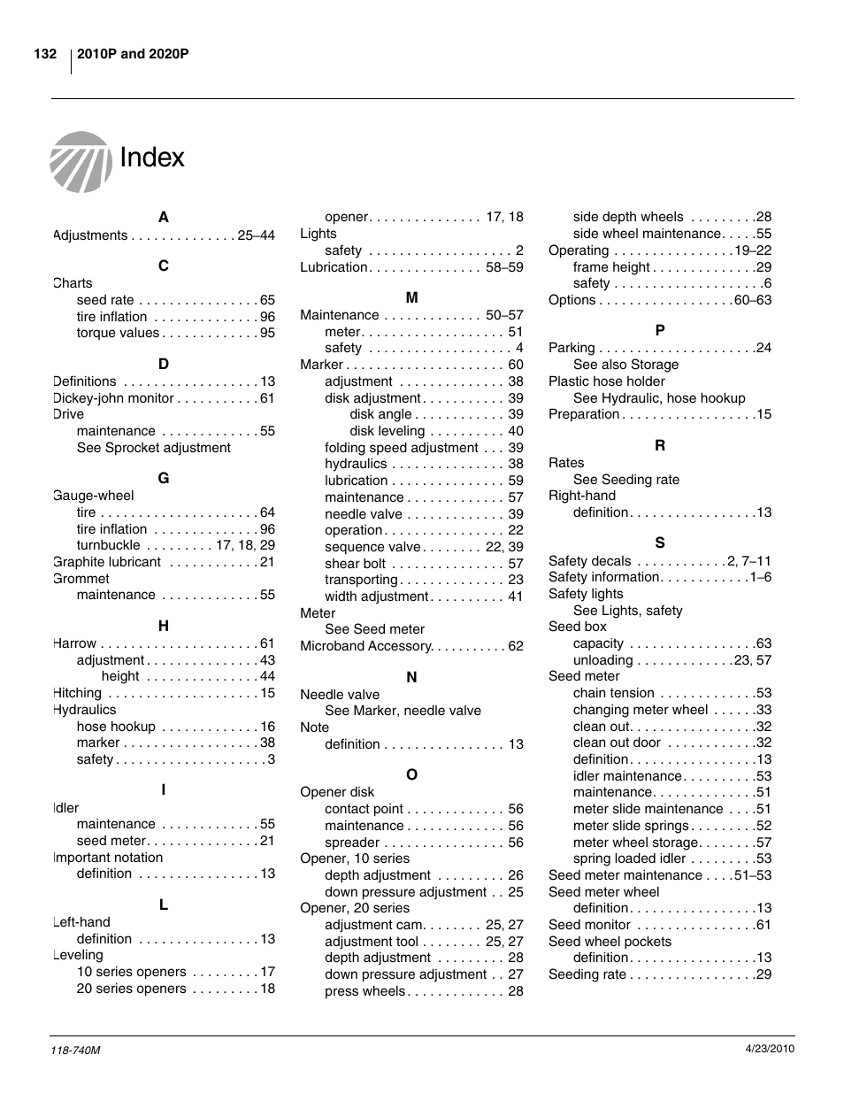 Index | Great Plains 2020P Operator Manual User Manual | Page 134 / 136