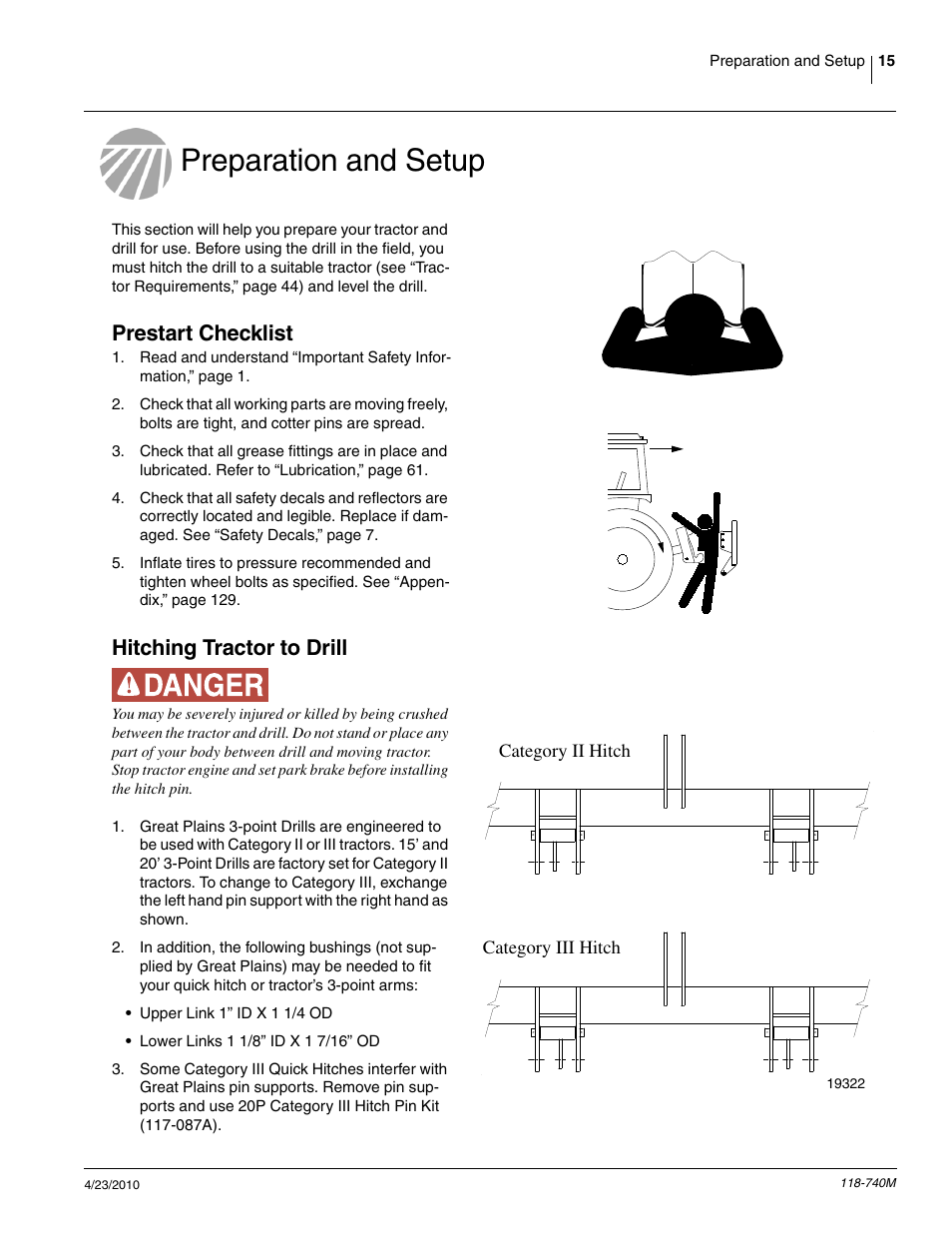Preparation and setup, Prestart checklist, Hitching tractor to drill | Great Plains 2020P Operator Manual User Manual | Page 17 / 136
