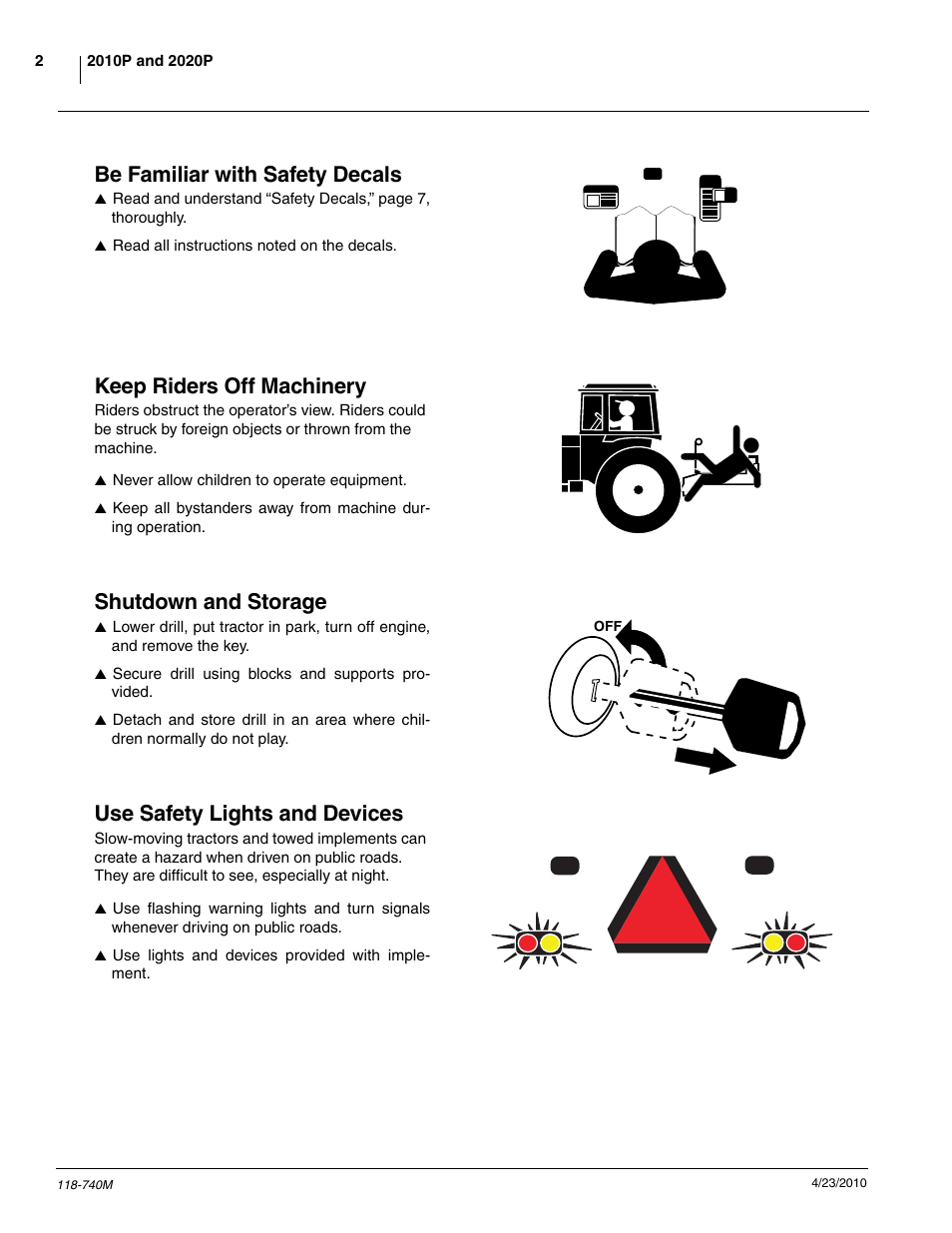 Be familiar with safety decals, Keep riders off machinery, Shutdown and storage | Use safety lights and devices | Great Plains 2020P Operator Manual User Manual | Page 4 / 136
