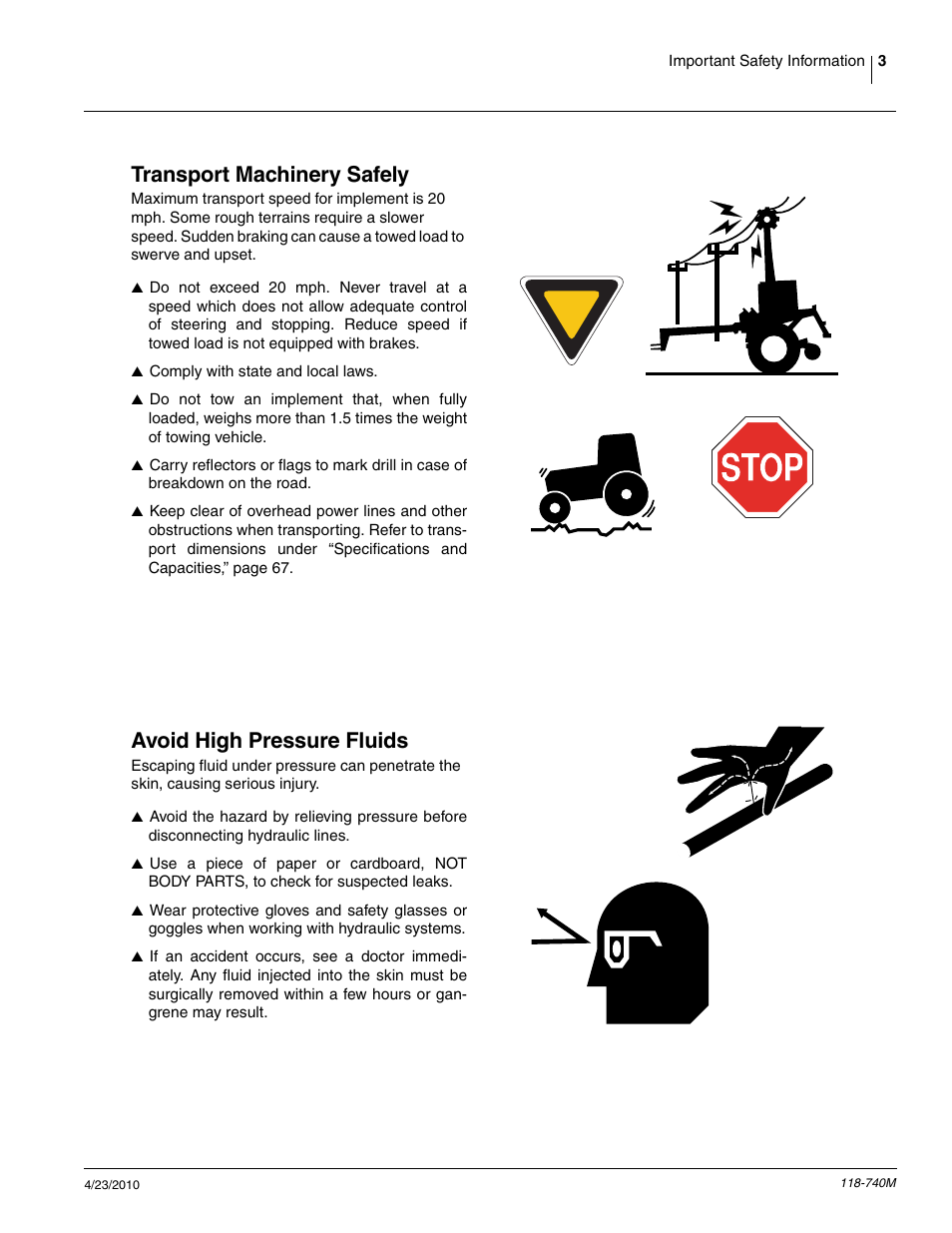 Transport machinery safely, Avoid high pressure fluids | Great Plains 2020P Operator Manual User Manual | Page 5 / 136