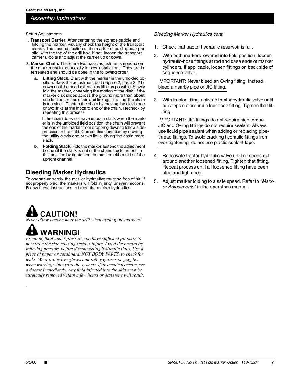 Caution, Warning, Bleeding marker hydraulics | Great Plains 3N-3010P Assembly Instructions User Manual | Page 7 / 9